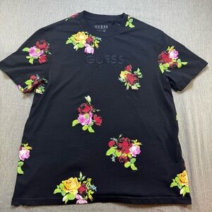 NWT GUESS Floral Short Sleeve Shirt Men's XL Black Crew Roses Logo Los Angeles